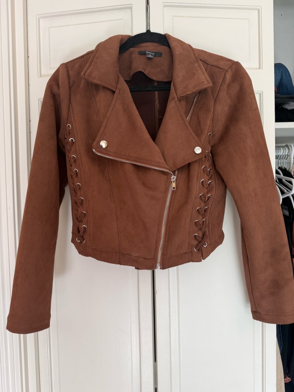 Suede-Effect Lace-Up Moto Jacket in Brown